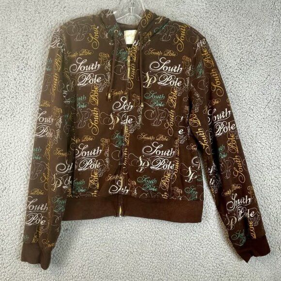 Vintage South Pole Women's Size XL All Over Print Full Zip Sweatshirt Brown Hood - Picture 1 of 3